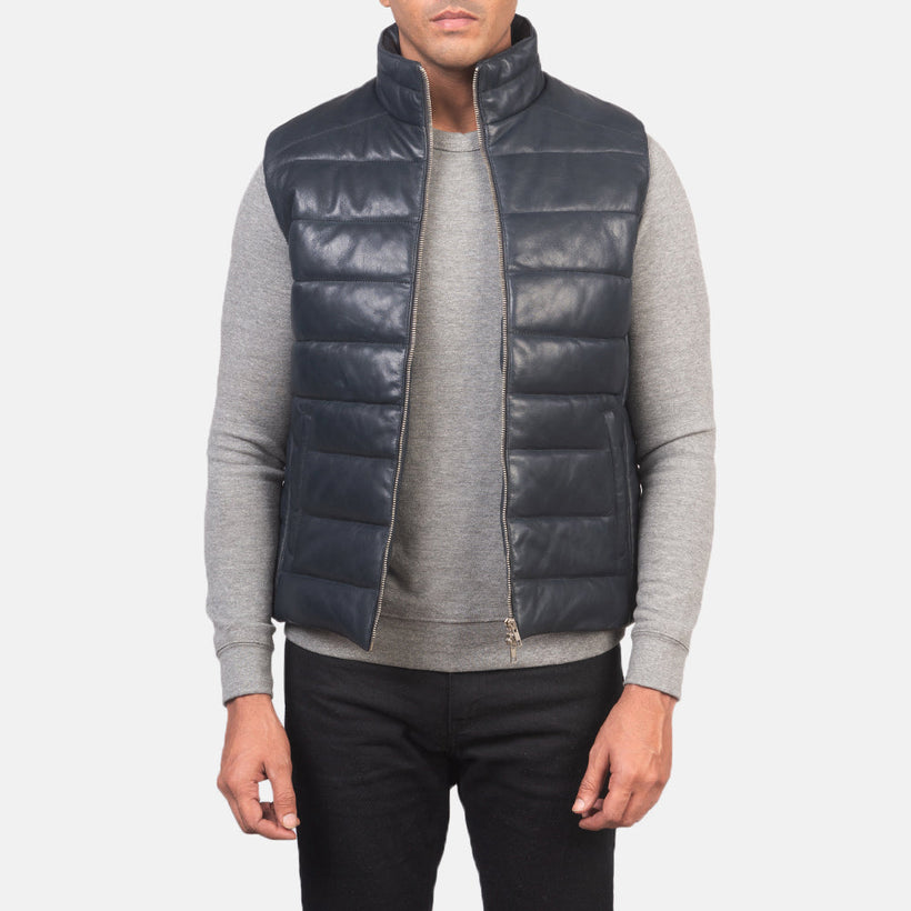 Reeves Blau Leather Puffer Vest für Herren