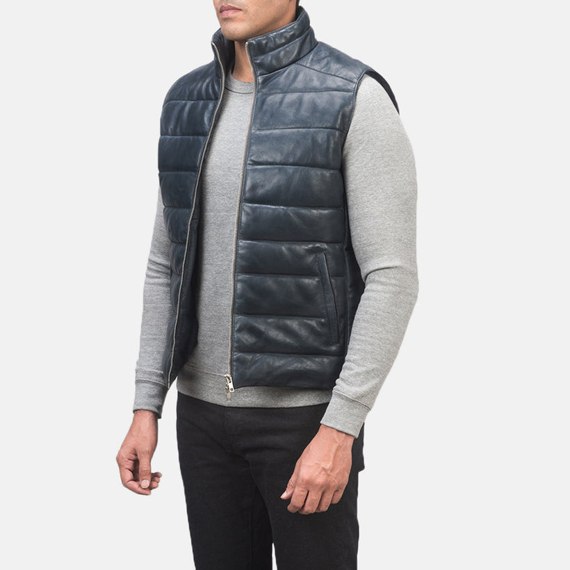 Reeves Blau Leather Puffer Vest für Herren