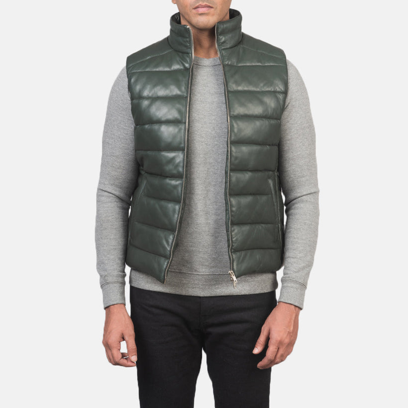 Reeves Grün Leather Puffer Vest für Herren