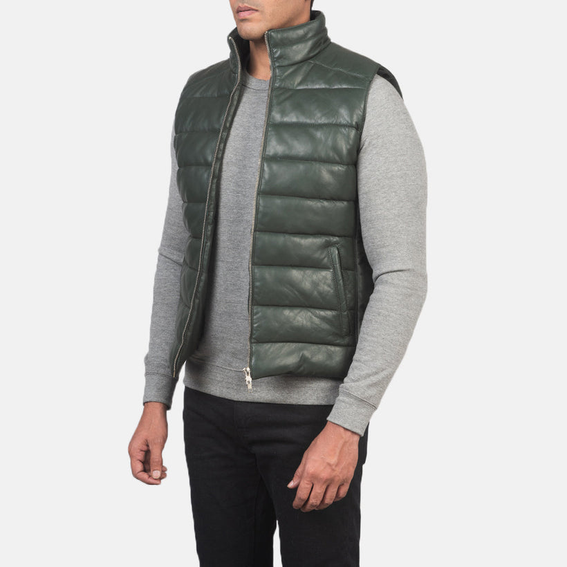 Reeves Grün Leather Puffer Vest für Herren