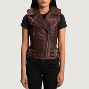 
Rhonda Kastanienbraun Leather Biker Vest für Damen in Maroon Sheepskin Leather - Vorderansicht & maßgeschneiderte Silhouette | Online Kaufen