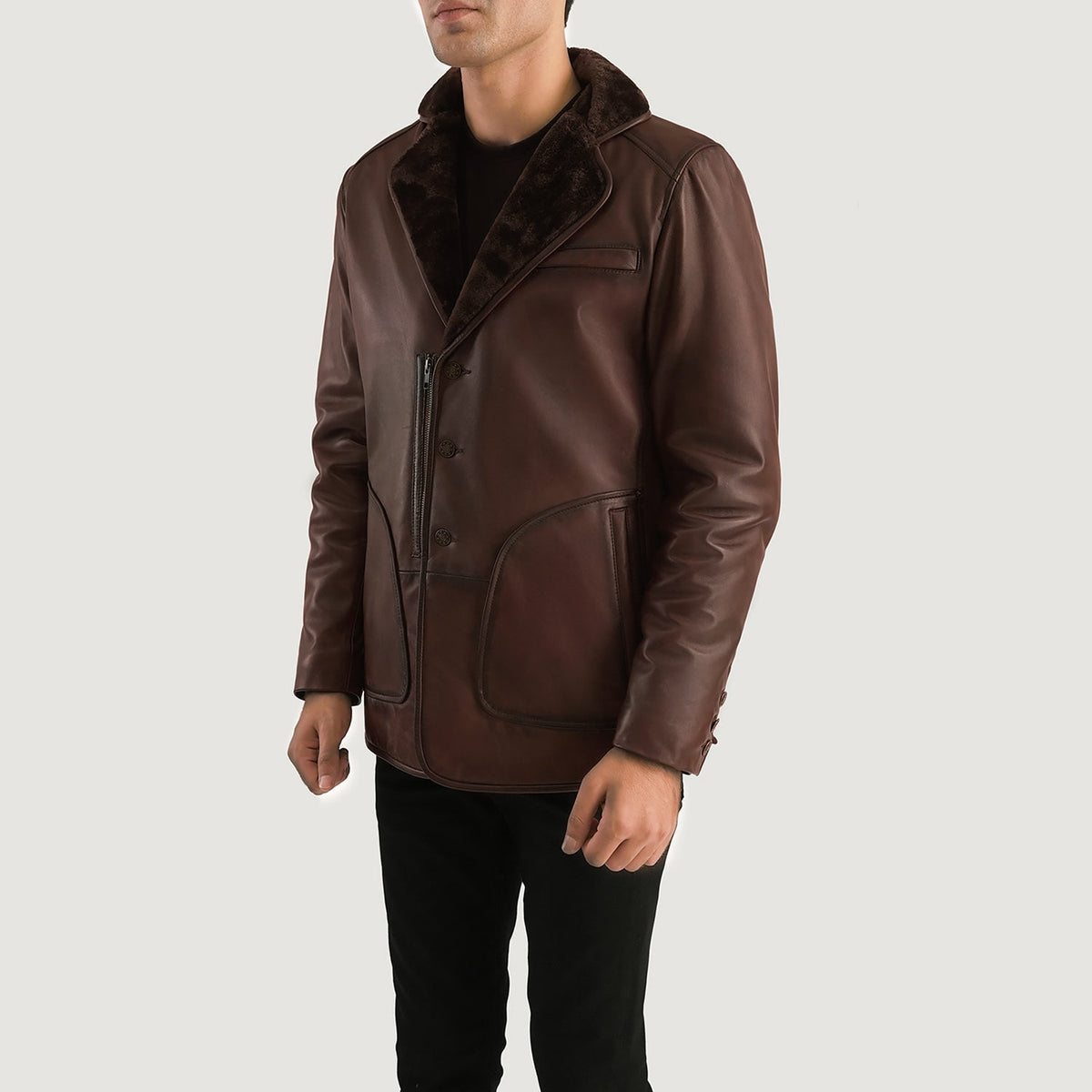 
Distressed Brown Sheepskin Burnishing Aviator Jacket - Rückansicht mit passgenauen Schultern & sauberem Saum