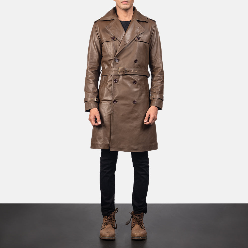 
Royson Braun Leather Duster Ledermantel für Herren in Mocha Brown Calfskin Leather - Vorderansicht & maßgeschneiderte Silhouette | Online Kaufen