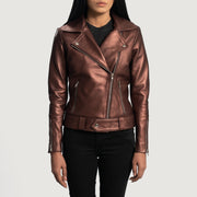 Women's Rumy Maroon Leather Biker Jacket in Maroon Sheepskin Leather - Vorderansicht &amp; maßgeschneiderte Silhouette | Online Kaufen