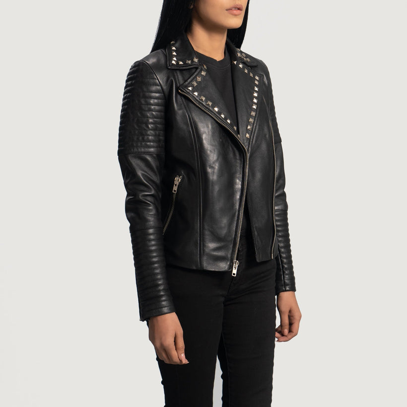 Sally Mae Studded Schwarz Leder-Bikerjacke für Damen