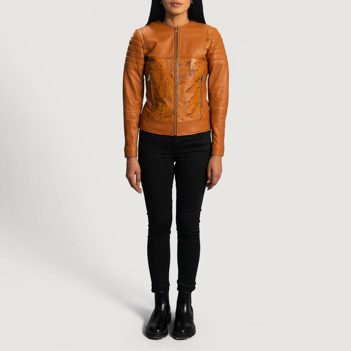 Detailansicht of Classic Collar &amp; Zipper Hardware on Women's Sandy Hellbraun Dye Leder-Bikerjacke für Damen