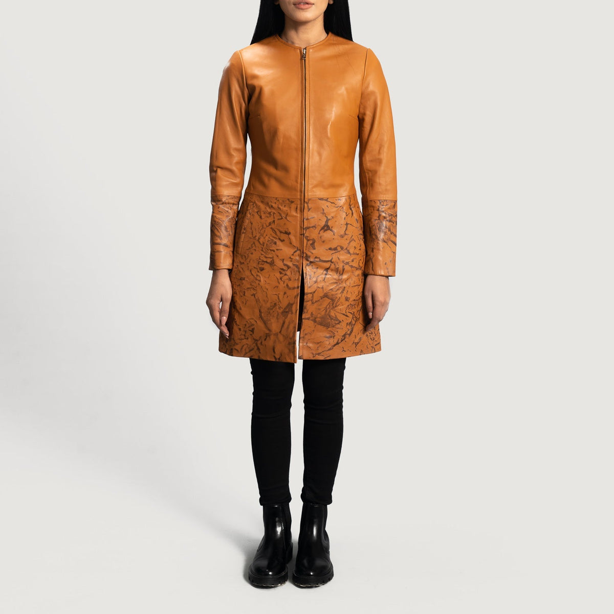 Detailansicht of Classic Collar &amp; Zipper Hardware on Women's Sandy Hellbraun Dye Ledermantel für Damen