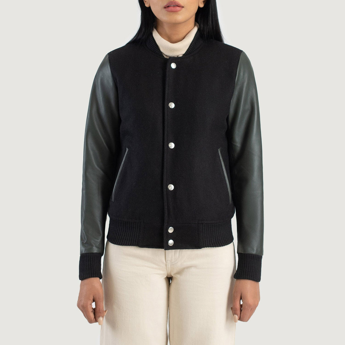 
Detailansicht of Varsity & Snap Buttons Hardware on Savant Green Hybrid Varsity Jacket