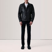 Distressed Black Sheepskin Snuffed Biker Jacket - Rückansicht mit passgenauen Schultern &amp; sauberem Saum