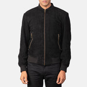Detailansicht of Varsity &amp; Zipper Hardware on Men's Shane Schwarz Suede Leder-Bomberjacke für Herren