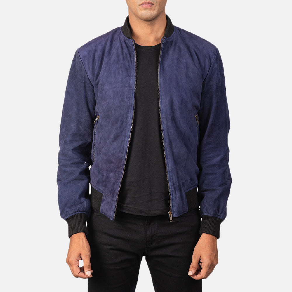 Men's Shane Navy Blue Suede Bomber Jacket in Blue Goatskin Suede - Vorderansicht &amp; maßgeschneiderte Silhouette | Online Kaufen