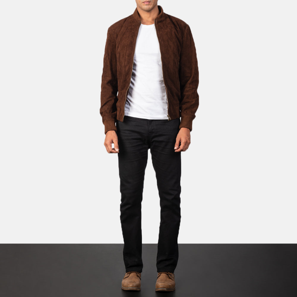 Men's Shane Dark Mocha Brown Suede Bomber Jacket - Seitenansicht mit ergonomischem Ärmelschnitt