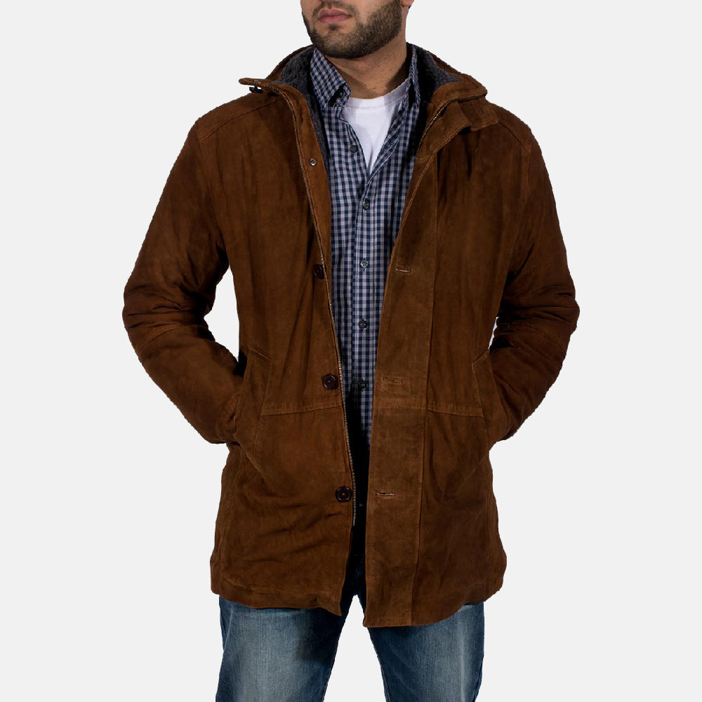 Men's Sheriff Braun Wildlederjacke für Herren in Brown Goatskin Suede - Vorderansicht &amp; maßgeschneiderte Silhouette | Online Kaufen