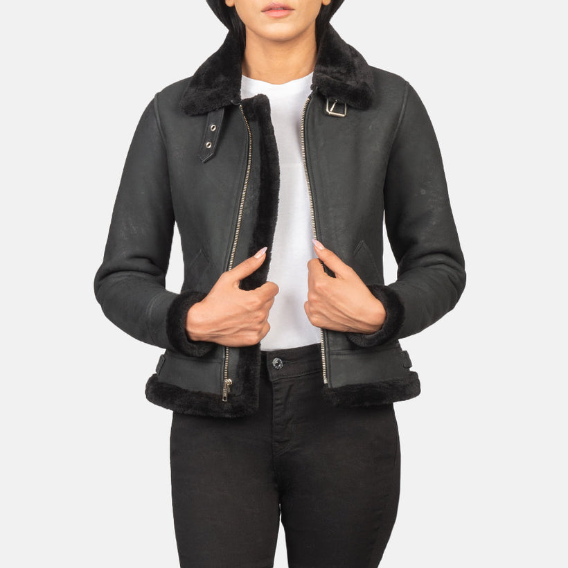 Sherilyn B-3 Schwarz Leder-Bomberjacke für Damen