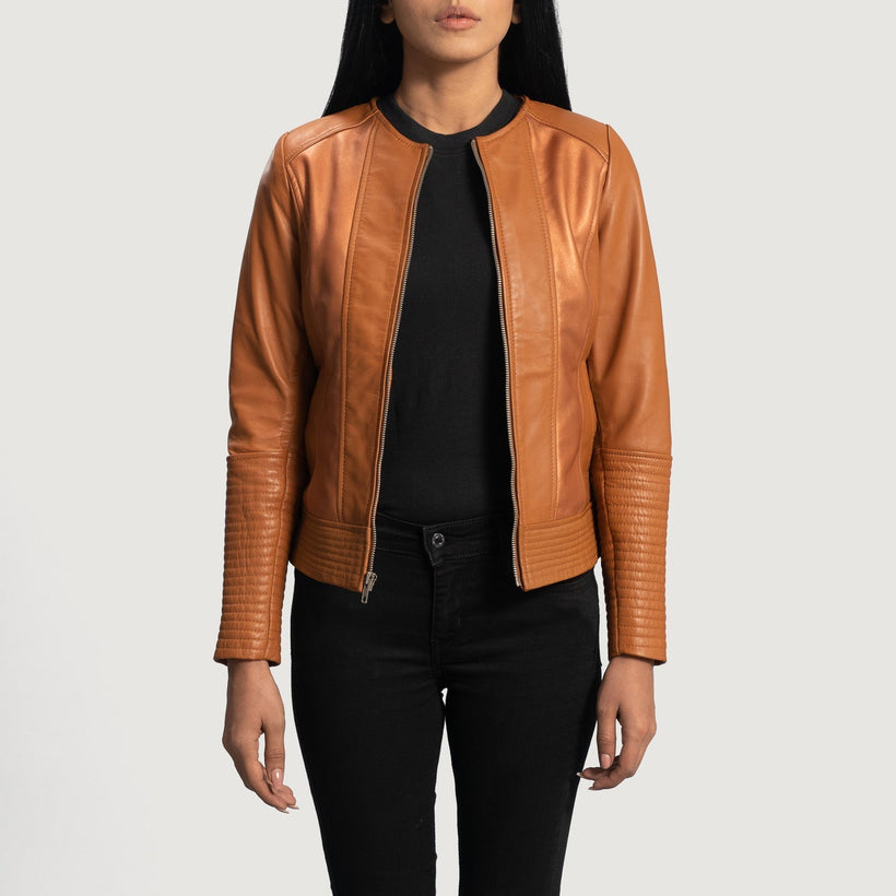 Sleeky Clean Hellbraun Leder-Bikerjacke für Damen