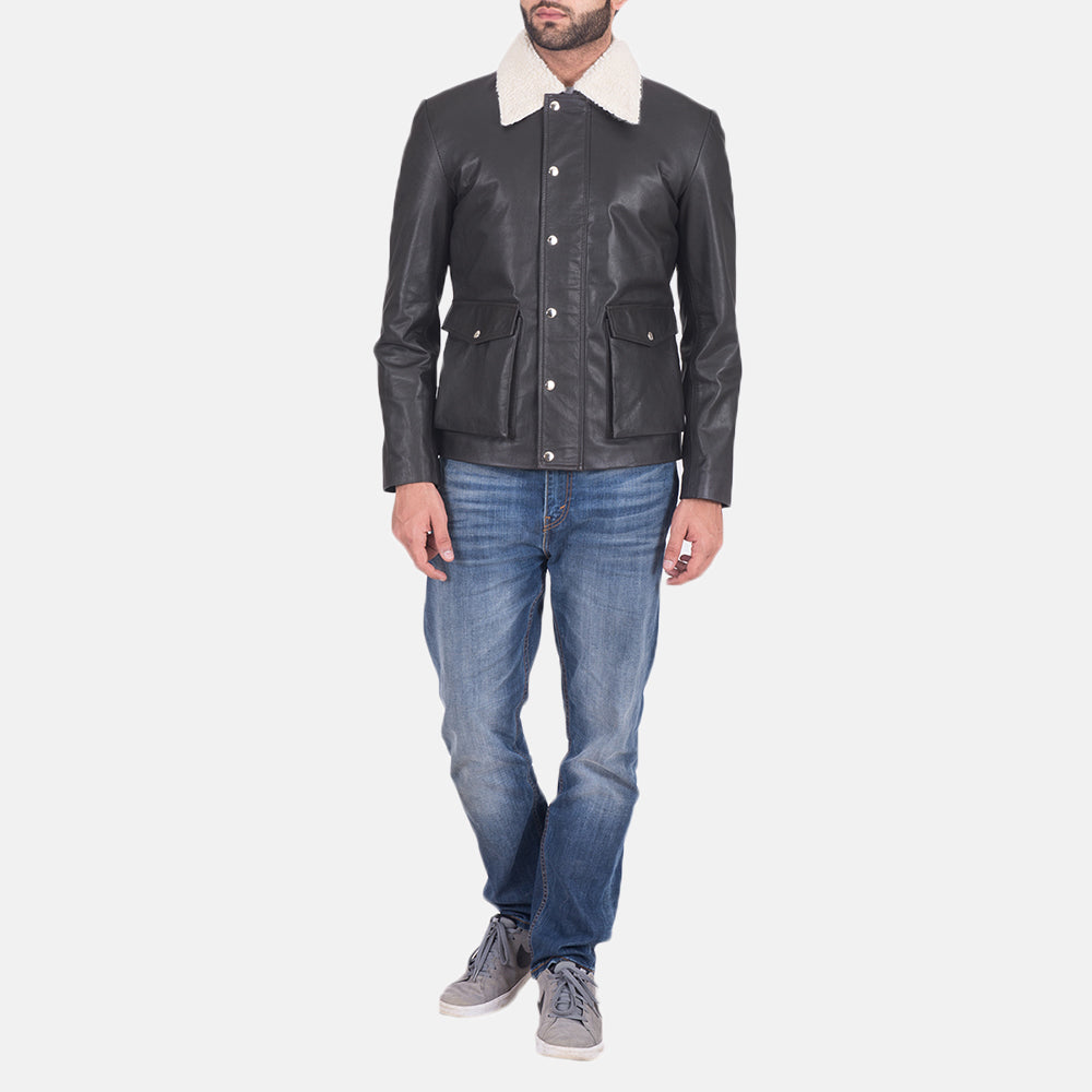 Detailansicht of Shirt style Faux Shearling Collar &amp; Zipper + Button Flap Hardware on Snow Cole Schwarz Lederjacke für Herren