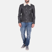 Detailansicht of Shirt style Faux Shearling Collar &amp; Zipper + Button Flap Hardware on Snow Cole Schwarz Lederjacke für Herren