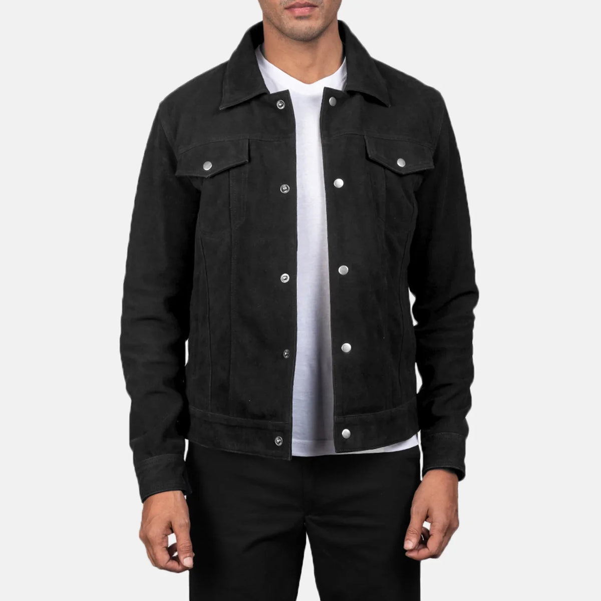 Men's Stallon Black Suede Jacket in Black Goatskin Suede - Vorderansicht &amp; maßgeschneiderte Silhouette | Online Kaufen