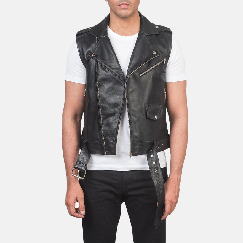 Sullivan Schwarz Leather Biker Vest für Herren