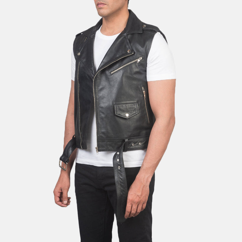 Sullivan Schwarz Leather Biker Vest für Herren
