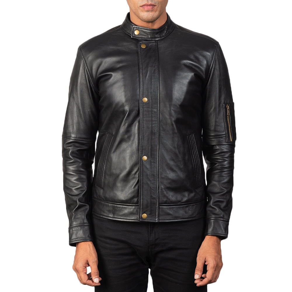 Men's Tea House Schwarz Leder-Bikerjacke für Herren - Seitenansicht mit ergonomischem Ärmelschnitt