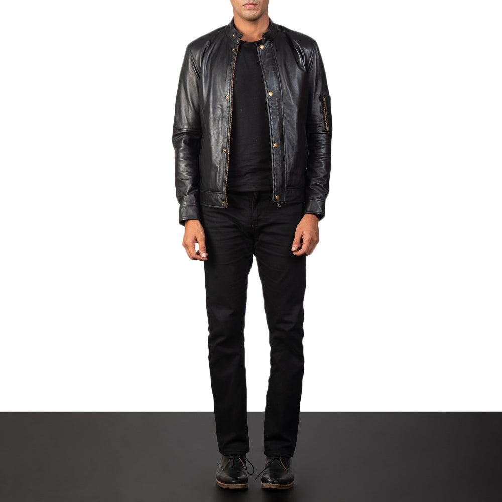 Detailansicht of Band with snap button &amp; Zipper Hardware on Men's Tea House Schwarz Leder-Bikerjacke für Herren