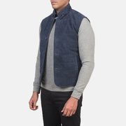 Blue Goatskin Suede Leather Vest - Rückansicht mit passgenauen Schultern &amp; sauberem Saum