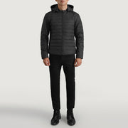 Tyler Schwarz Hooded Puffer Lederjacke für Herren - Seitenansicht mit ergonomischem Ärmelschnitt