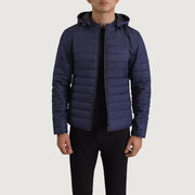 
Tyler Blau Hooded Puffer Lederjacke für Herren in Blue Full-Grain Leather - Vorderansicht & maßgeschneiderte Silhouette | Online Kaufen