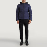 
Tyler Blau Hooded Puffer Lederjacke für Herren - Seitenansicht mit ergonomischem Ärmelschnitt & sportlicher Passform
