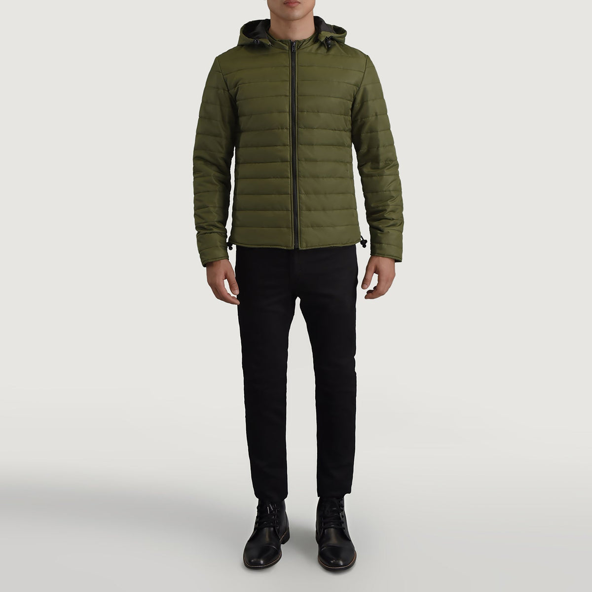 Tyler Grün Hooded Puffer Lederjacke für Herren - Seitenansicht mit ergonomischem Ärmelschnitt