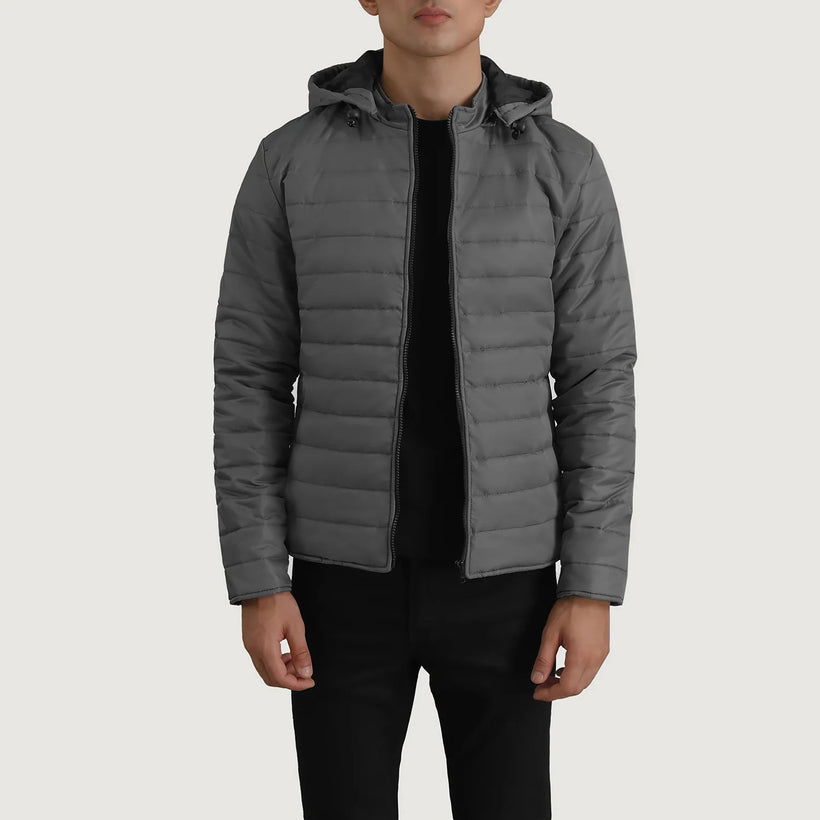 Tyler Grau Hooded Puffer Lederjacke für Herren