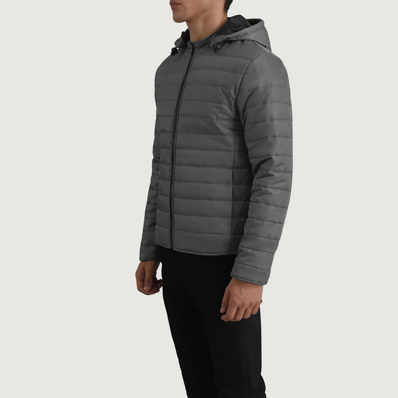 Tyler Grau Hooded Puffer Lederjacke für Herren