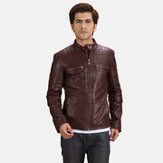 
Urbane Gesteppt Kastanienbraun Leder-Bikerjacke für Herren in Maroon Sheepskin Leather - Vorderansicht & maßgeschneiderte Silhouette | Online Kaufen