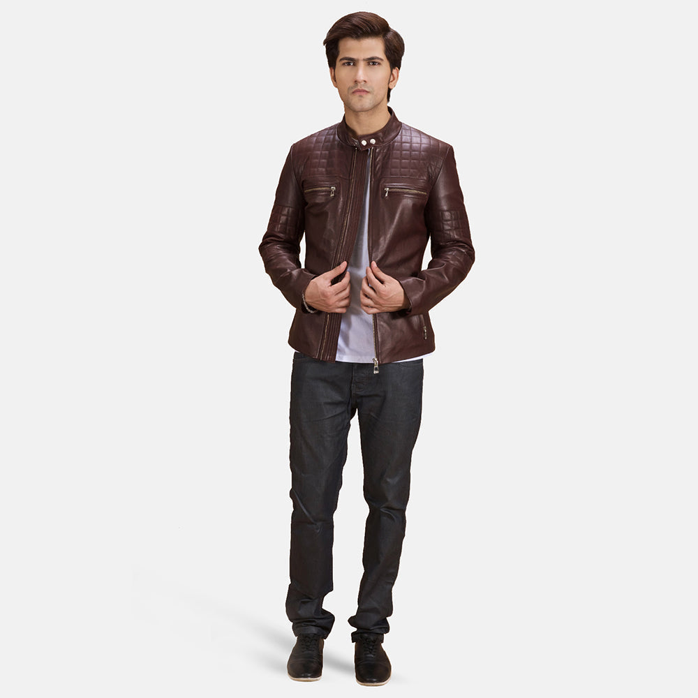 
Detailansicht von Stehkragen mit Druckknopf & Reißverschluss an Urbane Gesteppt Kastanienbraun Leder-Bikerjacke für Herren