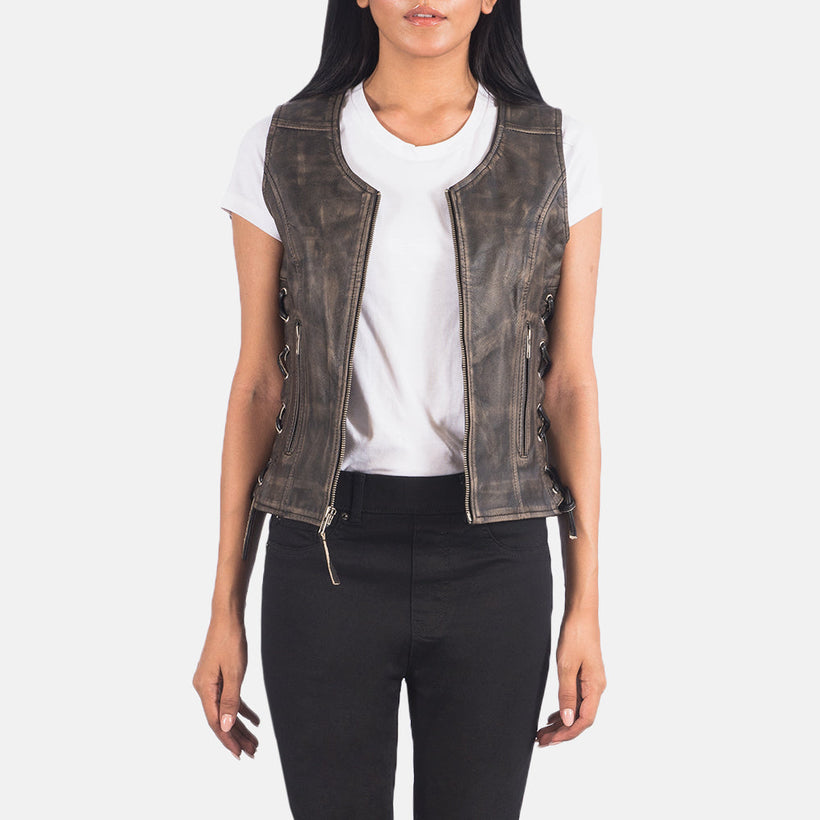 Vanda Vintage-Braun Leather Biker Vest für Damen