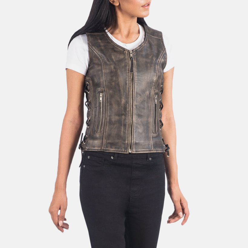 Vanda Vintage-Braun Leather Biker Vest für Damen