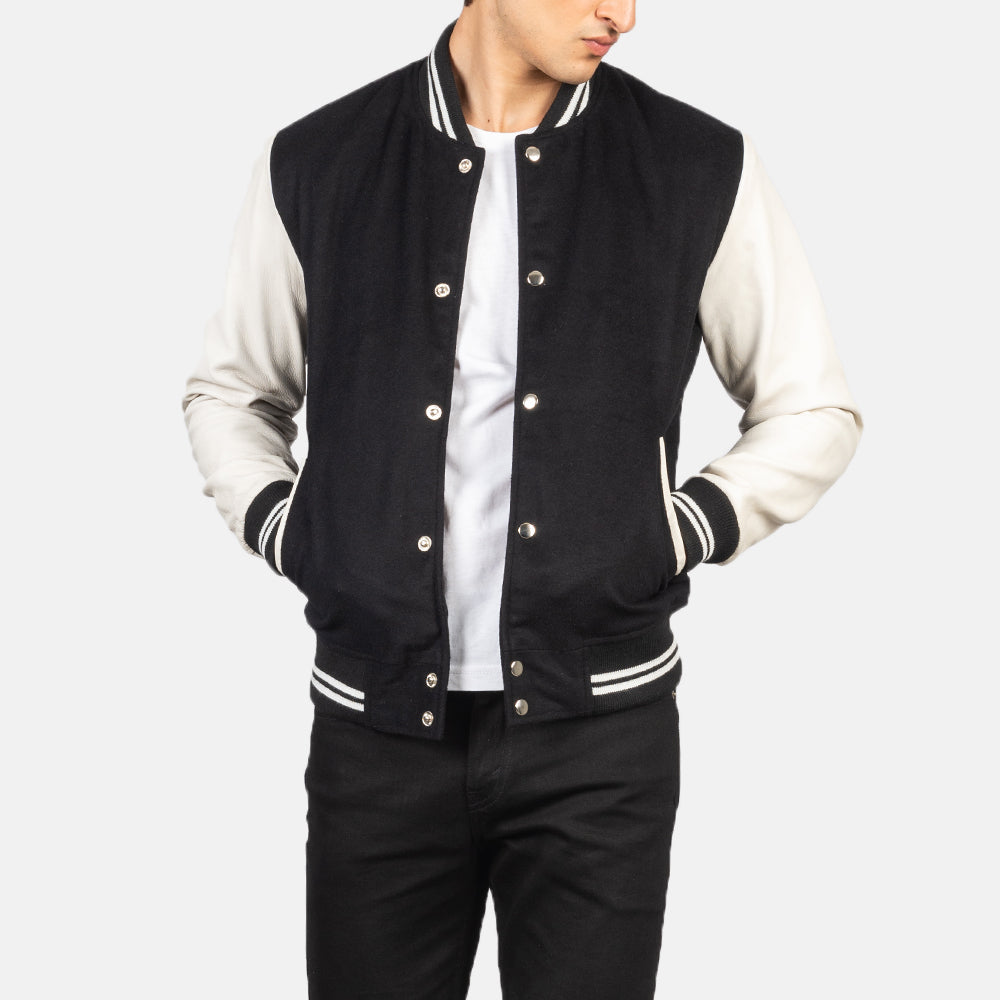 Men's Vaxton Schwarz &amp; Weiß Hybrid Varsity Lederjacke für Herren in Black &amp; White Sheepskin Leather - Vorderansicht &amp; maßgeschneiderte Silhouette | Online Kaufen