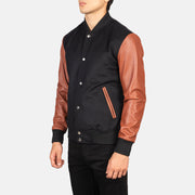 Black &amp; Brown Sheepskin Leather Varsity Jacket - Rückansicht mit passgenauen Schultern &amp; sauberem Saum