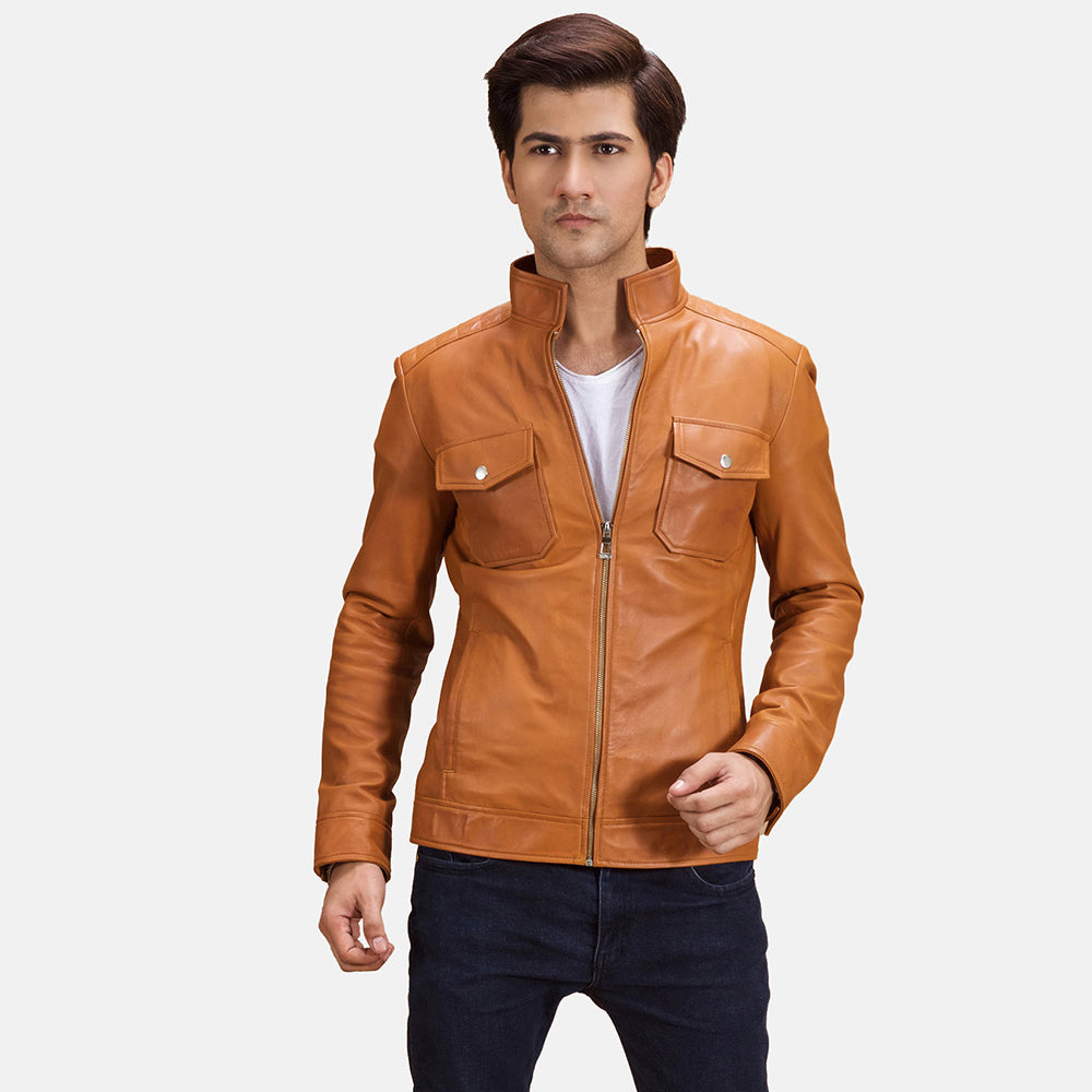Voltex Hellbraun Leder-Bikerjacke für Herren in Tan Brown Sheepskin Leather - Vorderansicht &amp; maßgeschneiderte Silhouette | Online Kaufen