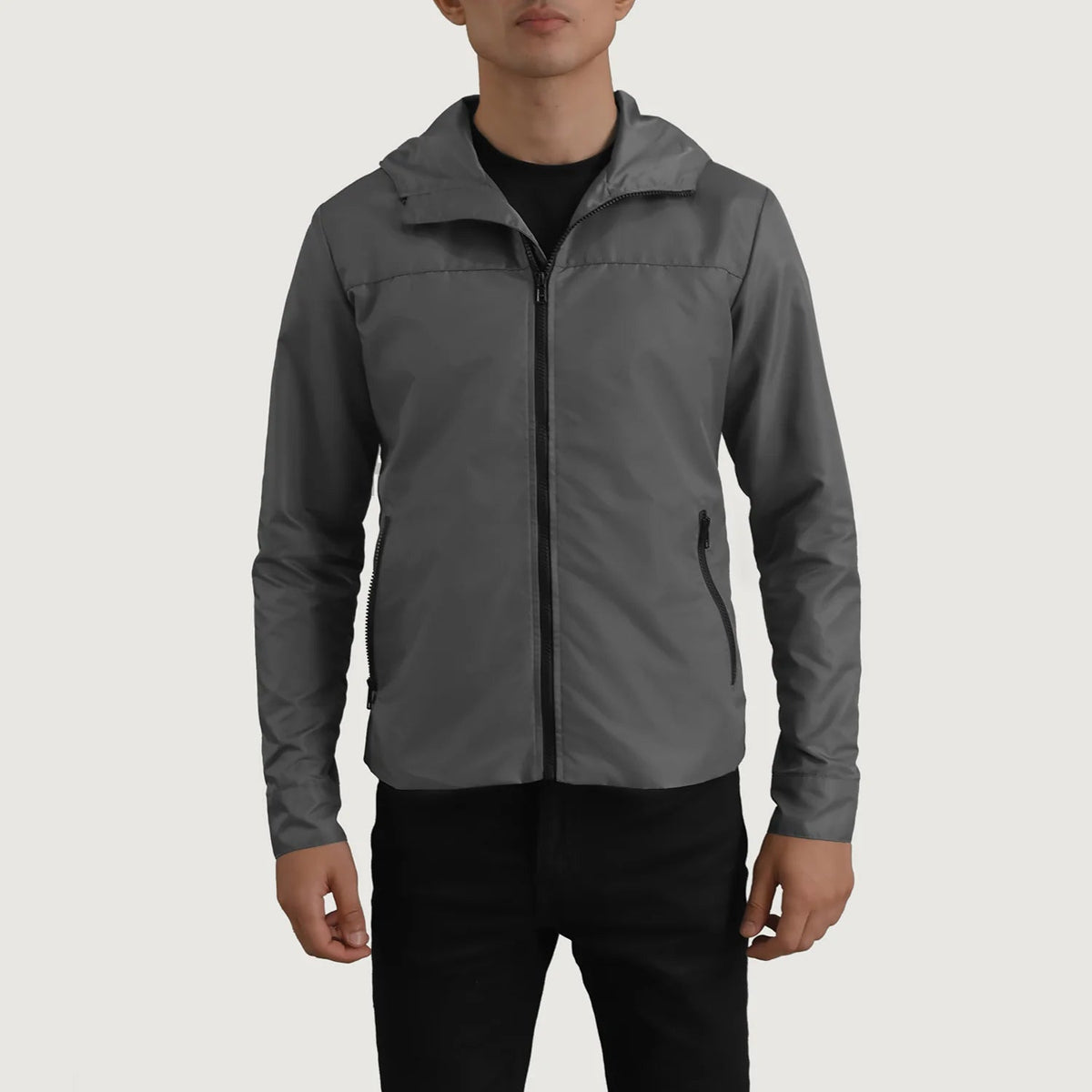 
Detailansicht of Classic Collar & Zipper With Inside Wind Flap. Hardware on Wesley Grau Hooded Windbreaker Lederjacke für Herren