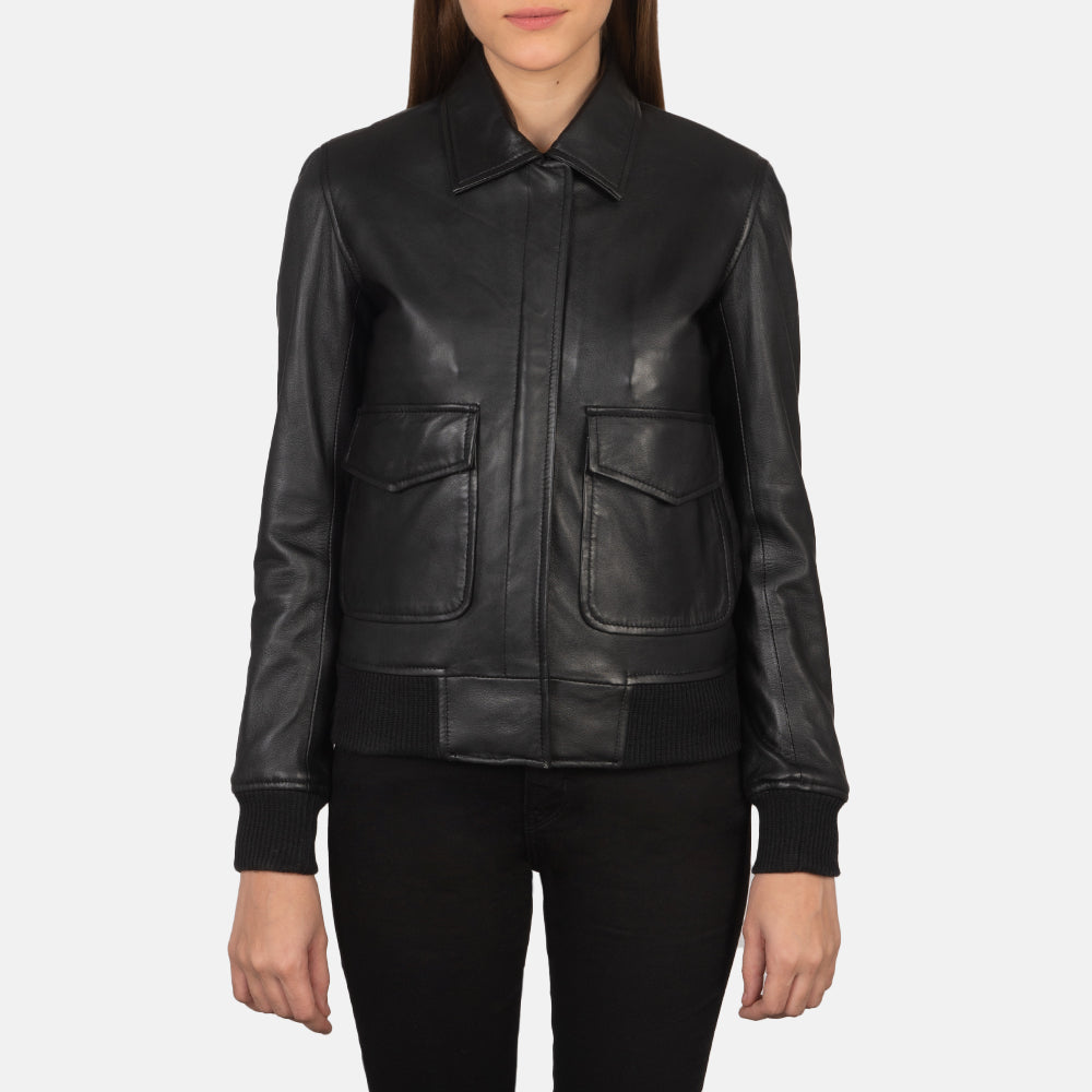 Detailansicht of Shirt &amp; Zipper with Button Flap Hardware on Women's Westa A-2 Black Leather Bomber Jacket