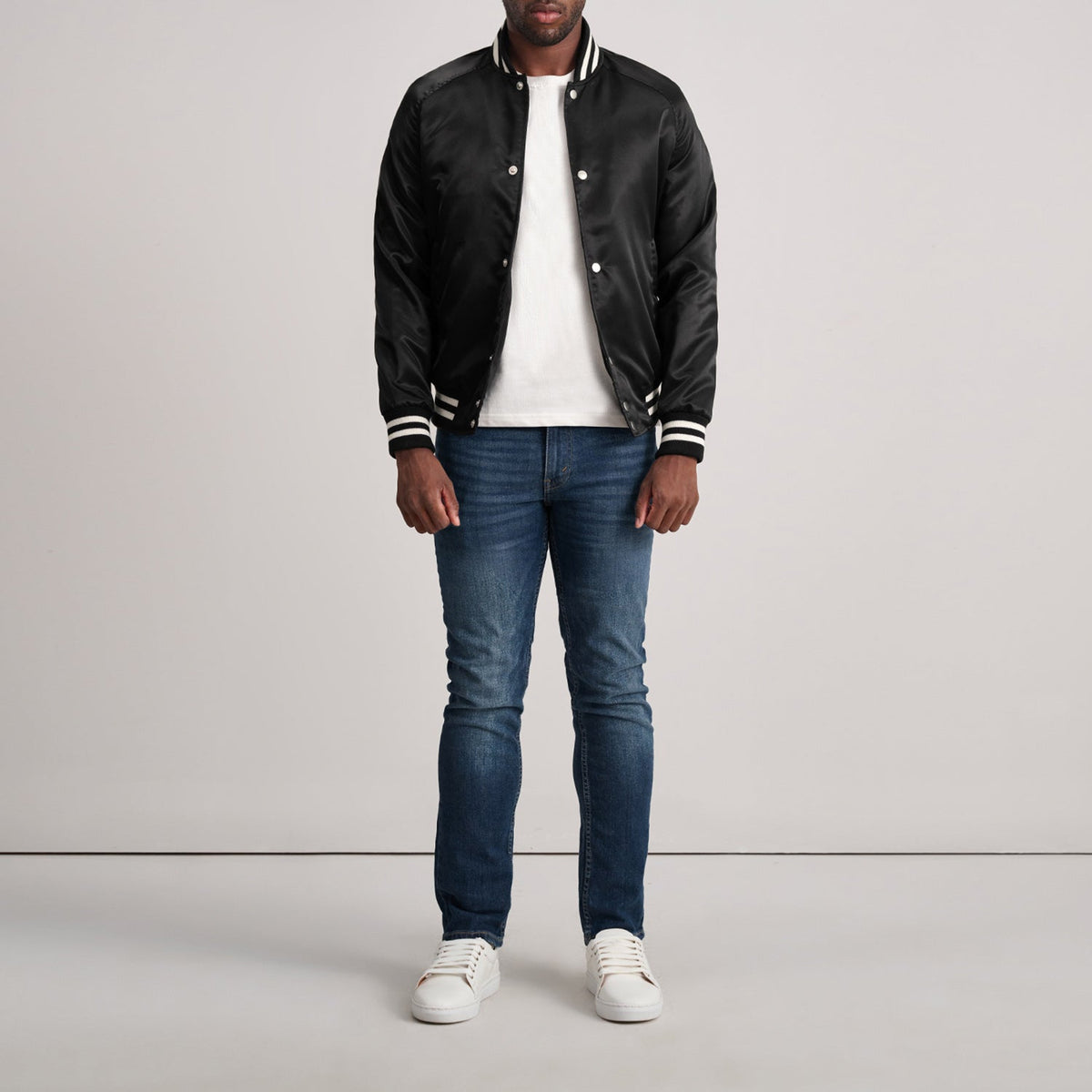Detailansicht of Varsity &amp; Button Hardware on Xander Black Varsity Jacket