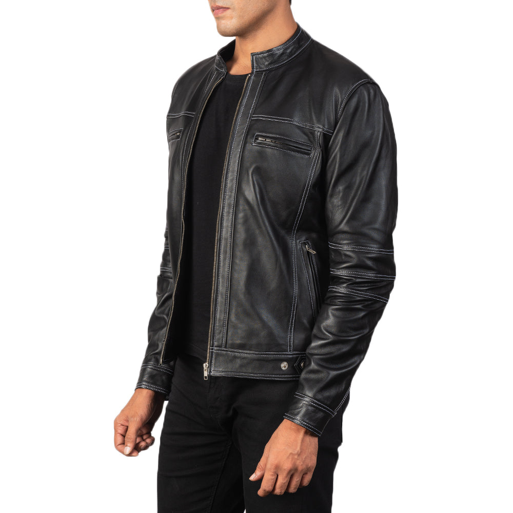 
Black Goatskin Snuffed Biker Jacket - Rückansicht mit passgenauen Schultern & sauberem Saum