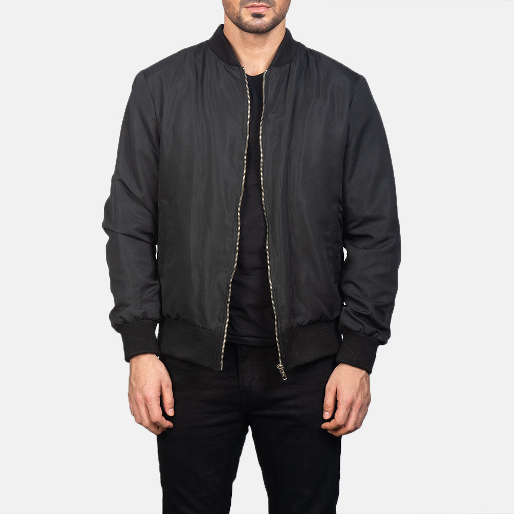 Men's Zack Schwarz Leder-Bomberjacke für Herren in Black Polyester - Vorderansicht &amp; maßgeschneiderte Silhouette | Online Kaufen