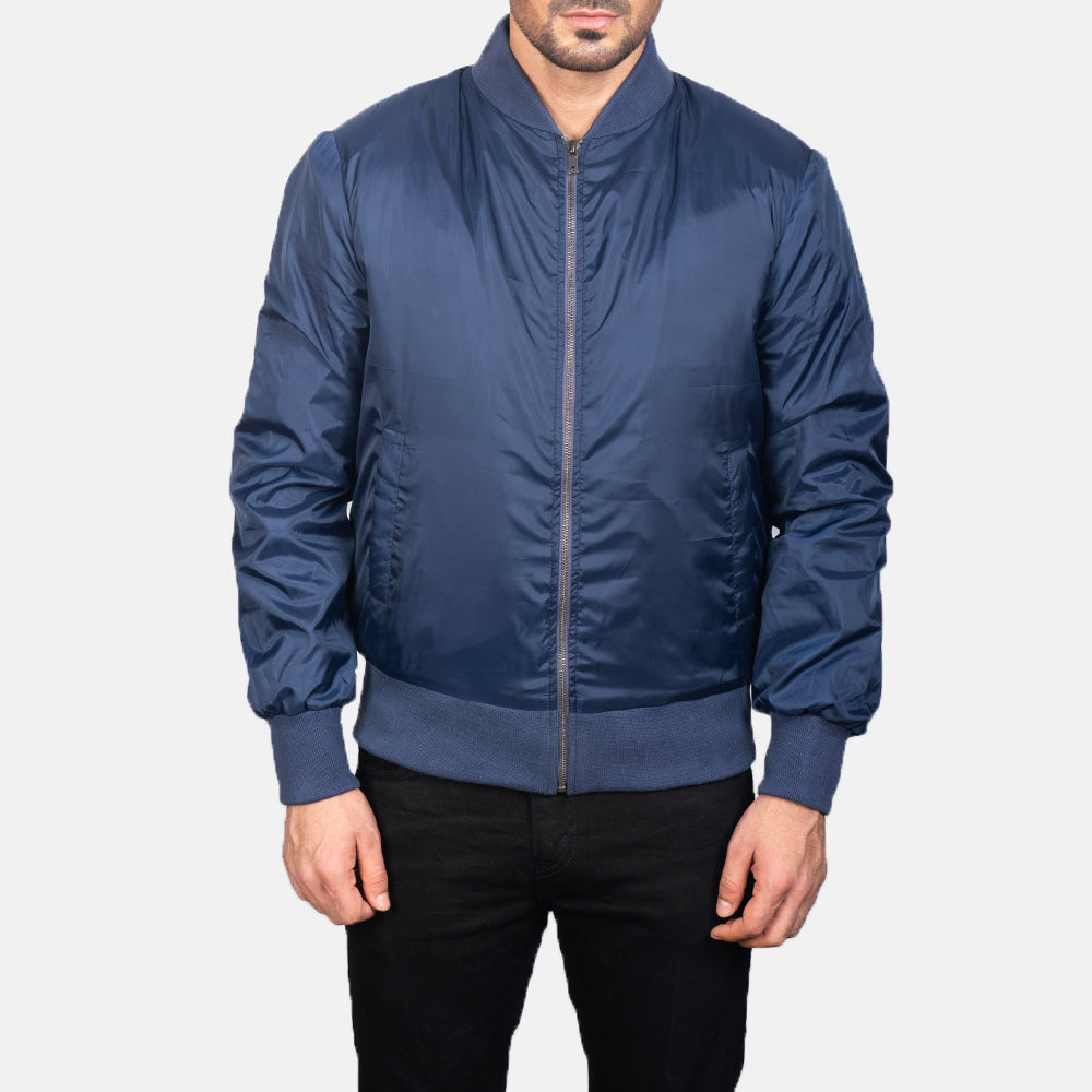 Detailansicht of Varsity &amp; Zipper Hardware on Men's Zack Blue Bomber Jacket