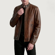 
Zen Vintage-Braun Leder-Bikerjacke für Herren in Distressed Brown Sheepskin Leather - Vorderansicht & maßgeschneiderte Silhouette | Online Kaufen