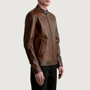 
Distressed Brown Sheepskin Leather Biker Jacket - Rückansicht mit passgenauen Schultern & sauberem Saum