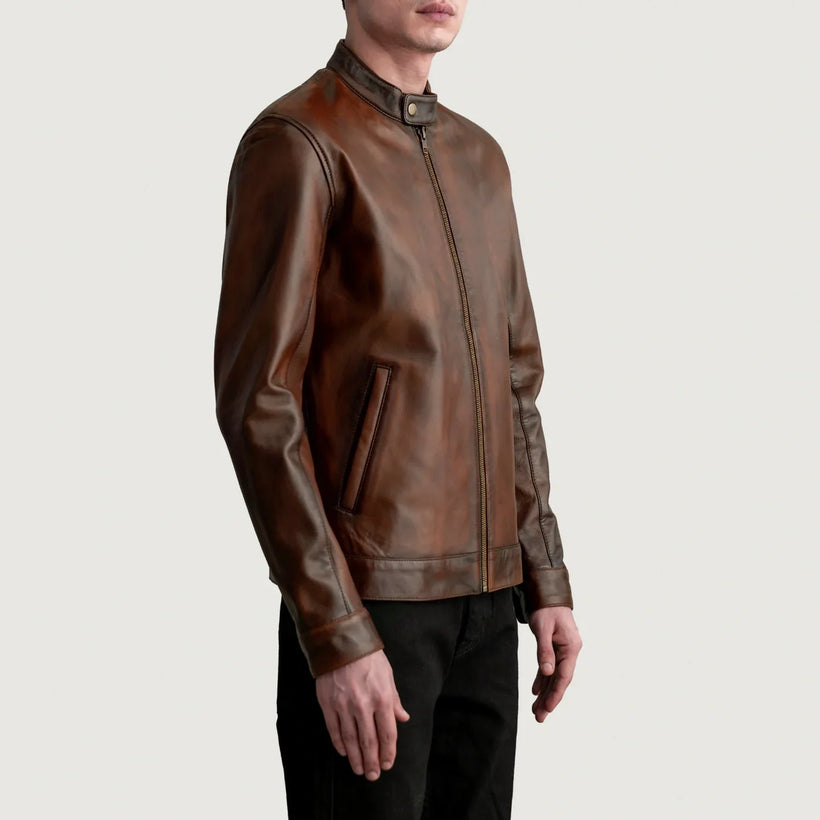 Zen Vintage-Braun Leder-Bikerjacke für Herren