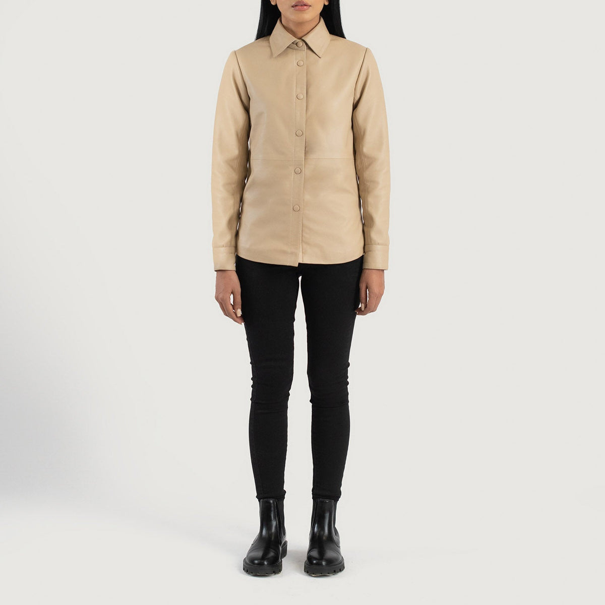 Women's Zenith Beige Leather Shirt Jacket - Seitenansicht mit ergonomischem Ärmelschnitt